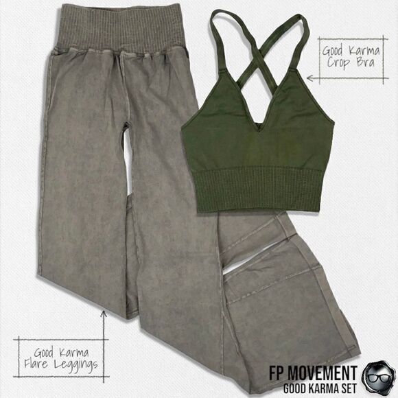 FP MOVEMENT GOOD KARMA SET: CROP TANK BRA + FLARE LEGGINGS IN MUSHROOM & GREEN - Picture 1 of 15